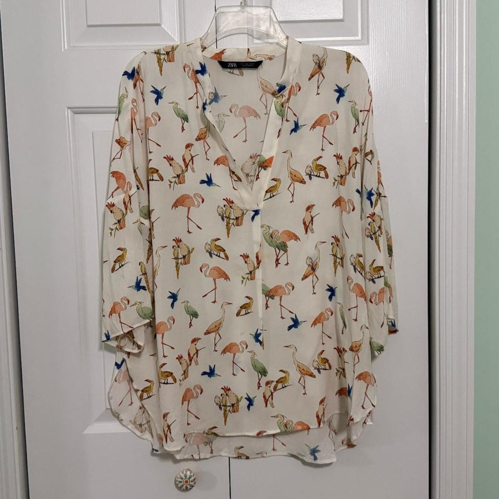 Zara Women's Size‎ Large Birds Heron Flamingos Blouse Shirt
